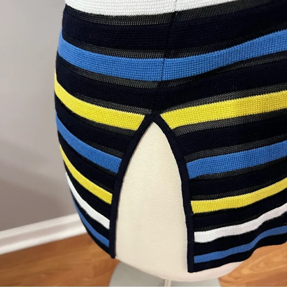 St. John Blue and Yellow Striped Knit Side Slit Sweater - L‎